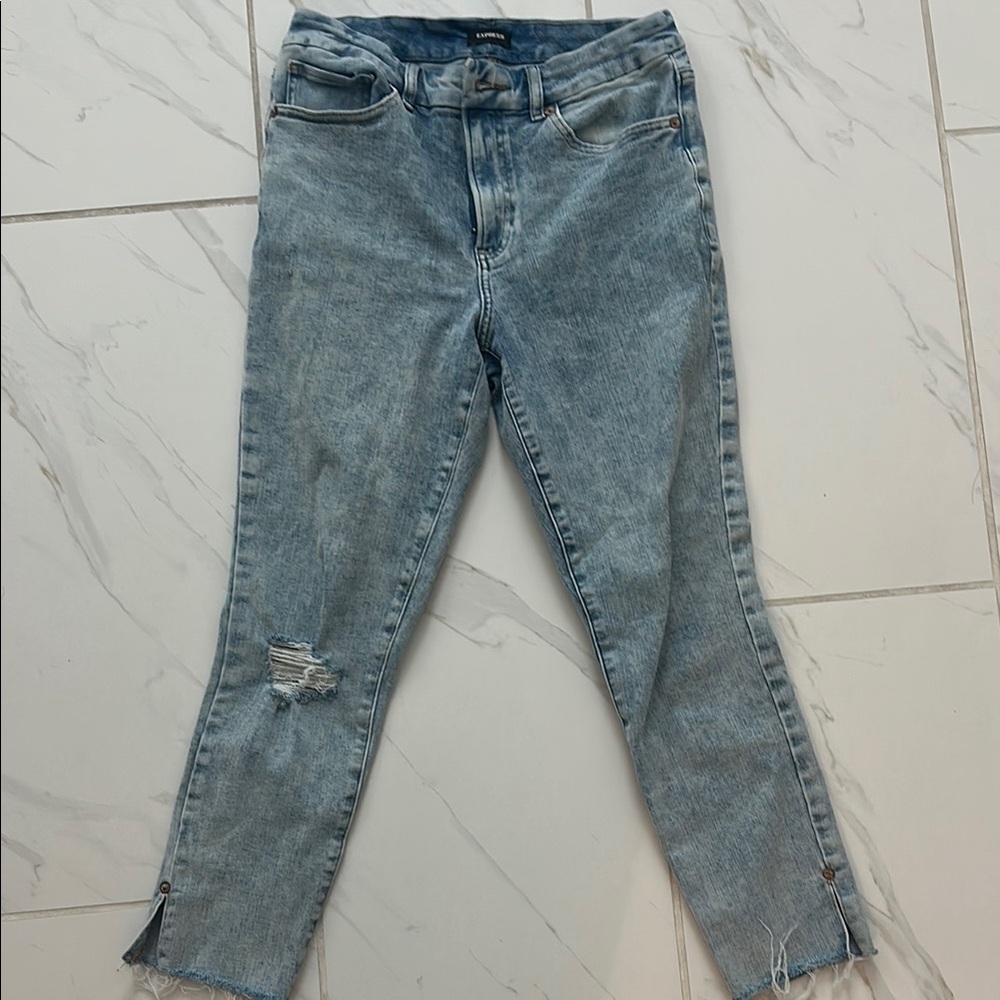 Express Blue Skinny high rise Jeans with Distressed Details